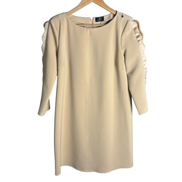 Elisabetta Franchi Ruffle Long Sleeve Mini Shift Dress Beige Size 8 - Picture 1 of 4
